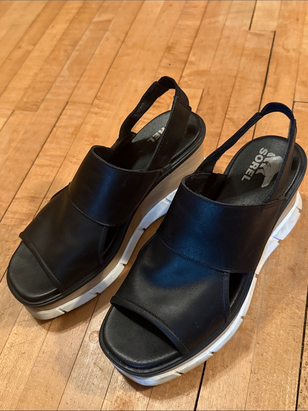 Sorel Black Leather Slingback Wedge Sandals with White Platform